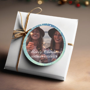 Modern Photo Glitter Merry Christmas Classic Rou Round Sticker