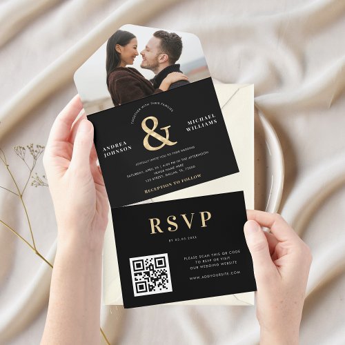 Modern Photo  Gold Ampersand Wedding QR Code All In One Invitation