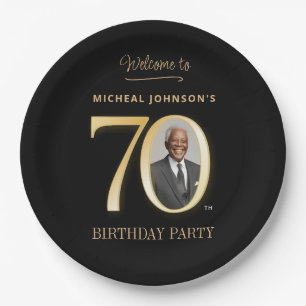 Modern Photo Gold and Black 70th Birthday Party Paper Plates