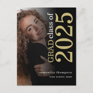 Modern Photo Gold Black 2025 Graduation Announcement Postcard