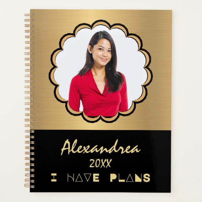 Modern Photo Gold Black Elegant Personalize Planner (Front)