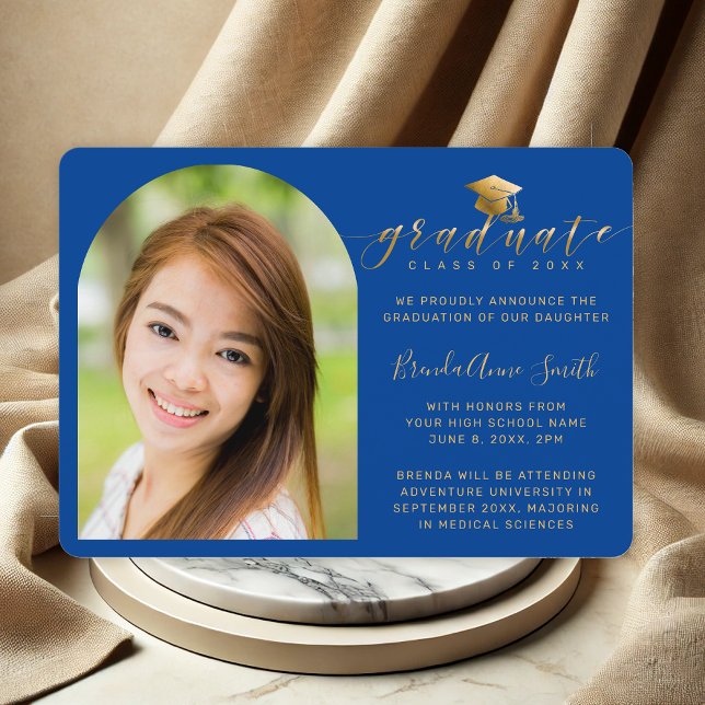 Modern Photo Gold Cap Script on Blue Graduation Announcement (Creator Uploaded)