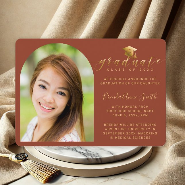 Modern Photo Gold Cap Script on Orange Graduation Announcement (Modern Orange and Gold Photo High School Graduation Announcement with future college plans
)