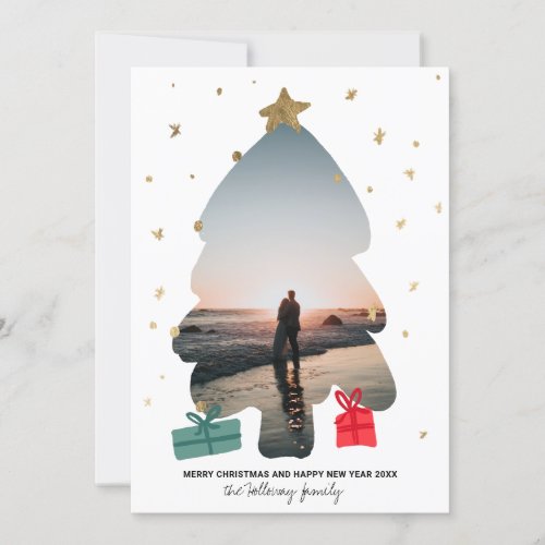 Modern photo gold Christmas tree overlay Holiday Card