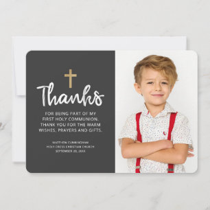 Modern Photo Gold Cross Communion Thank You Card