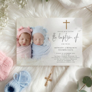 Modern Photo Gold Cross Twins Baptism  Invitation