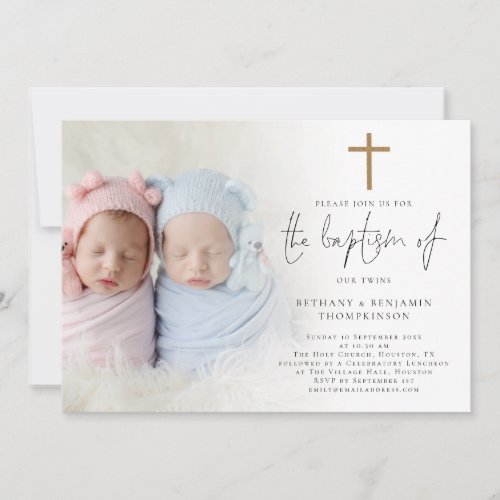 Modern Photo Gold Cross Twins Baptism  Invitation