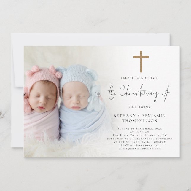 Modern Photo Gold Cross Twins Christening Invite (Front)