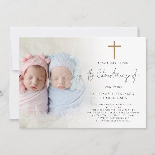 Modern Photo Gold Cross Twins Christening Invite