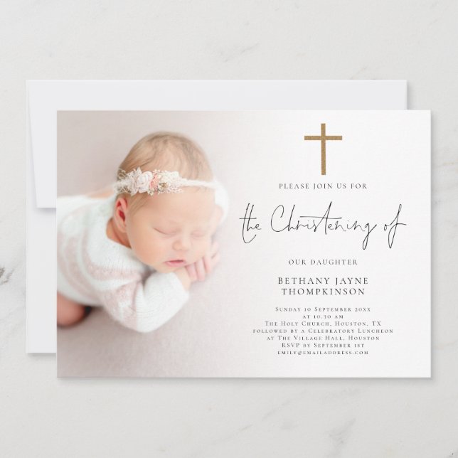 Modern Photo Gold Glitter Cross Christening Invitation (Front)