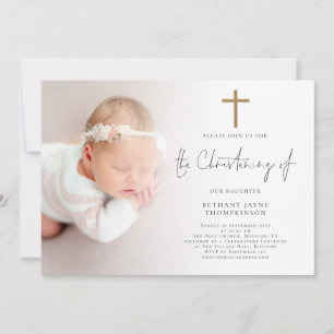 Modern Photo Gold Glitter Cross Christening Invitation