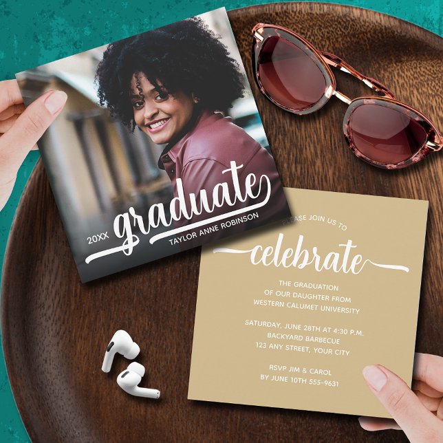 Modern Photo Gold Graduation Invitation (Modern photo gold square graduation party invitations 5.25" x 5.25")