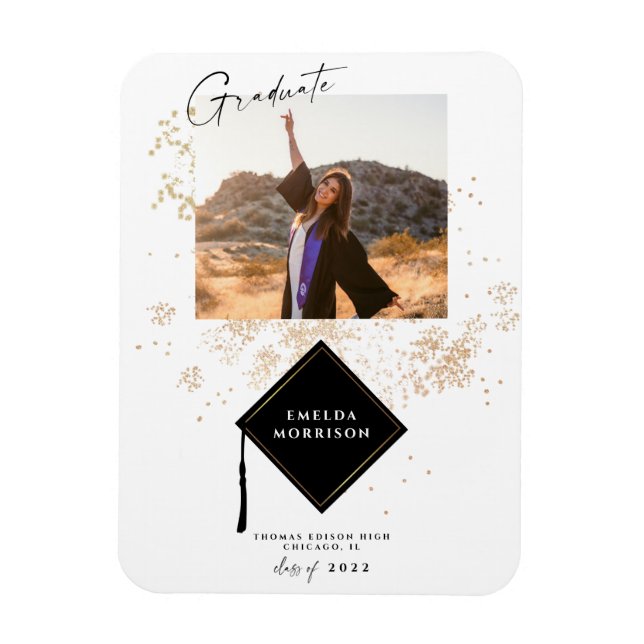 Modern Photo Gold Graduation Party Announcement Ma Magnet (Vertical)