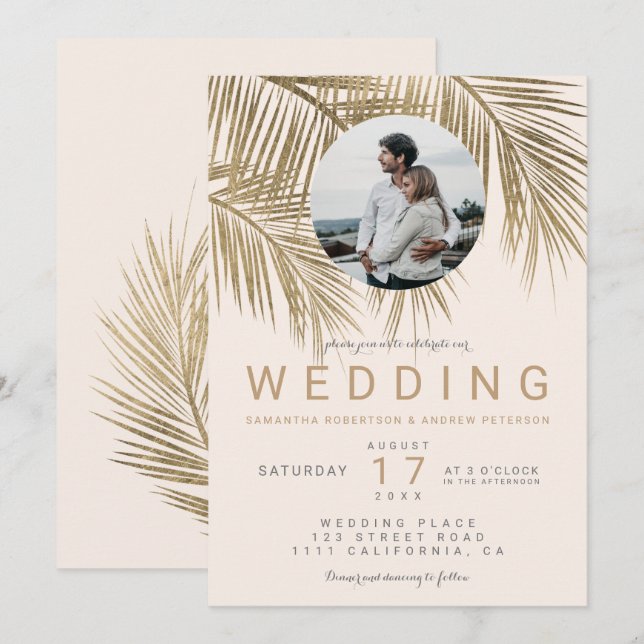 Modern photo gold palm tree blush pink wedding invitation (Front/Back)