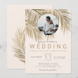Modern photo gold palm tree blush pink wedding invitation