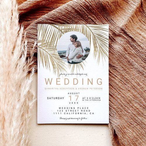 Modern photo gold palm tree elegant wedding invitation