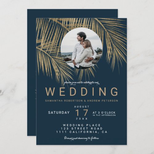 Modern photo gold palm tree navy blue wedding invitation