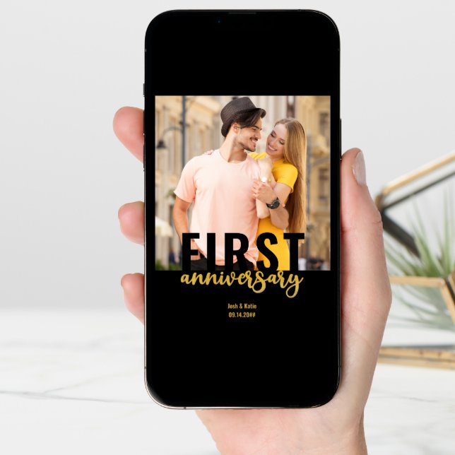 Modern Photo Gold Script 1st Wedding Anniversary Card (Front Digital)