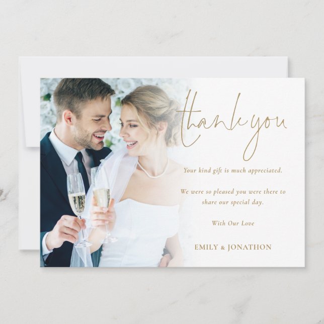 Modern Photo Gold Script Wedding Thank You Card (Front)