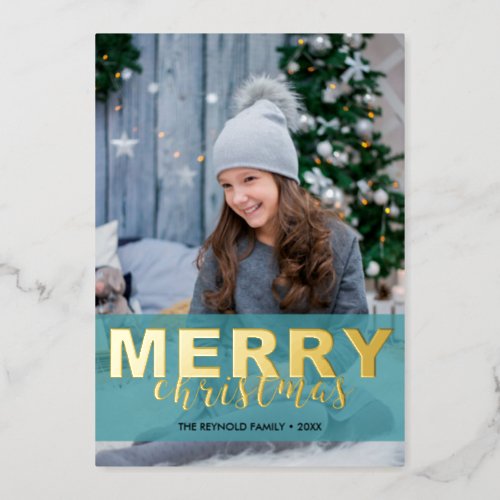 Modern Photo Gold Turquoise Mint Script Christmas Foil Holiday Card