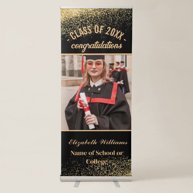 Modern  Photo Gold  Vertical Graduation Party Retractable Banner (Front)
