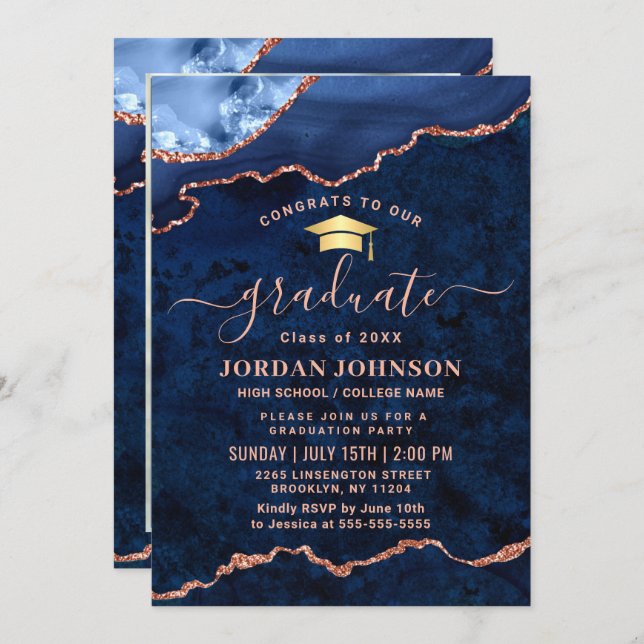 Modern PHOTO Golden Blue Marble Graduation Party  Invitation (Front/Back)