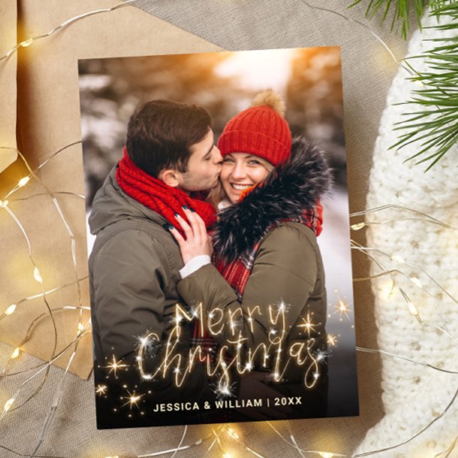 Modern PHOTO Golden Christmas Greeting Holiday Postcard (Creator Uploaded)