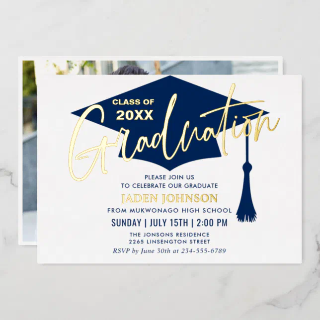 Modern PHOTO Golden Navy Blue Graduation Party Foil Invitation | Zazzle