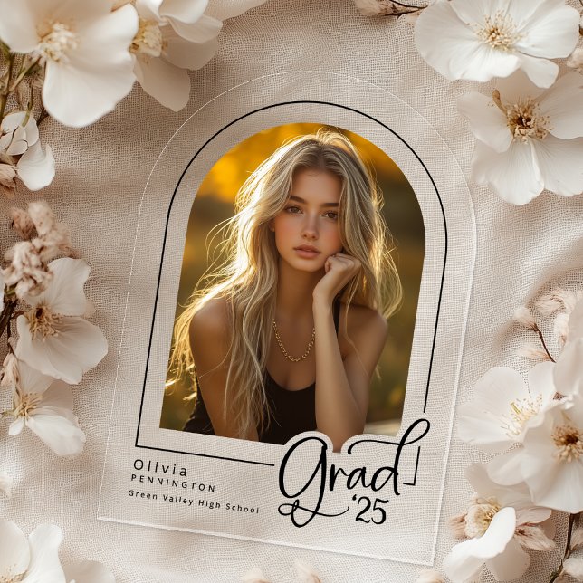 Modern Photo Grad Clear Acrylic Announcement (Shown on a 5" x 7" clear acrylic invitation with Arch Corner Style)