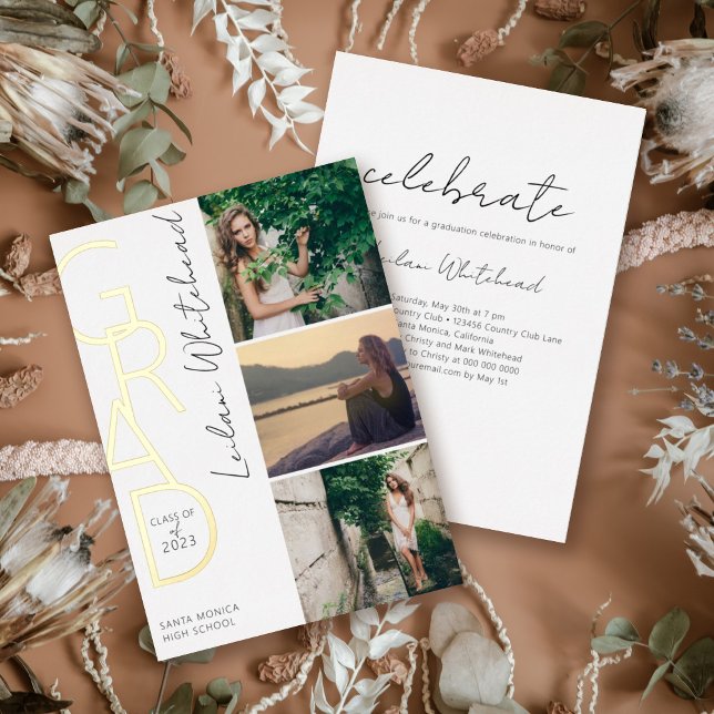 Modern Photo Grad White Foil Invitation (Creator Uploaded)