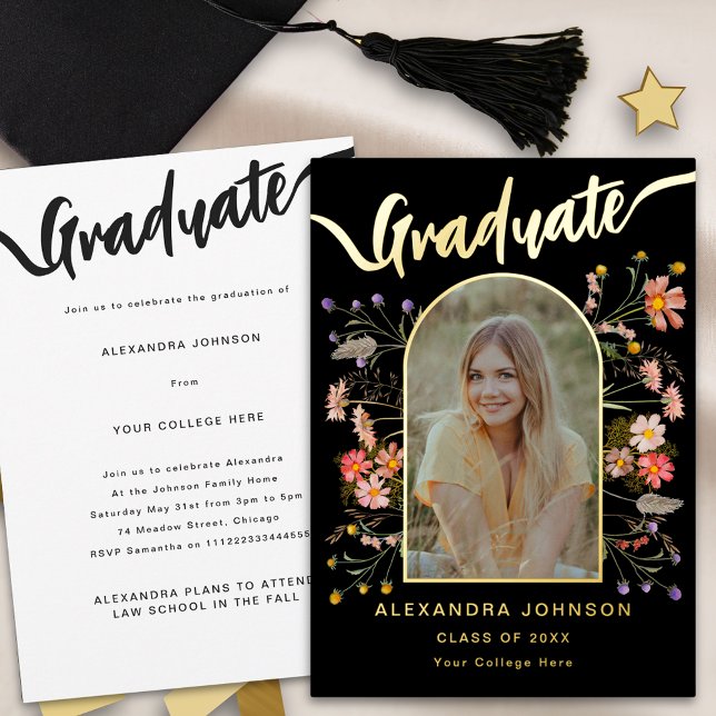 Modern Photo Graduate Announcement Party Gold (Modern photo arch floral graduation announcement party invitation elegant trendy gold foil script)