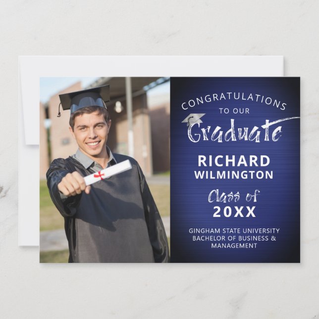 Modern Photo Graduate Metallic Navy Blue Announcement (Front)