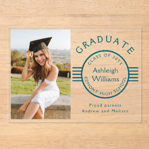 Modern Photo Graduate Teal Stripes Graduation Acrylic Invitations