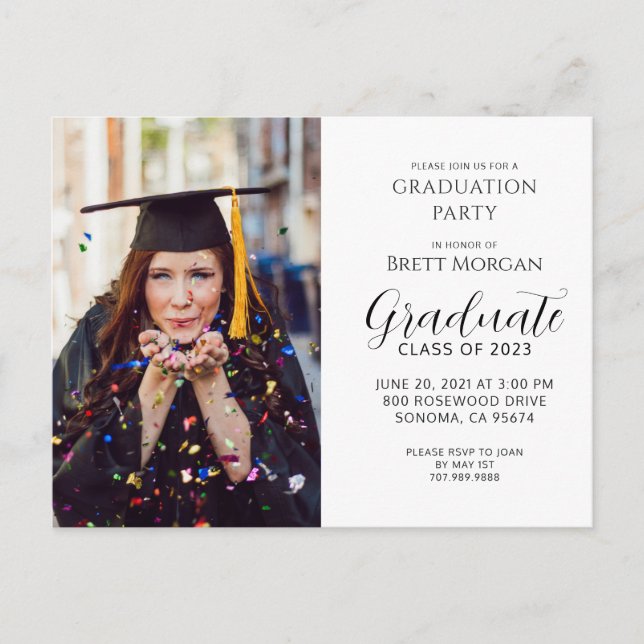 Modern Photo Graduation Cap Gown Invitation Postcard (Front)