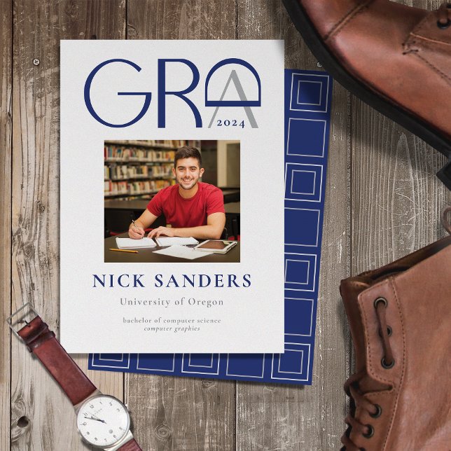 Modern Photo Graduation College Blue Gray Announcement (Creator Uploaded)