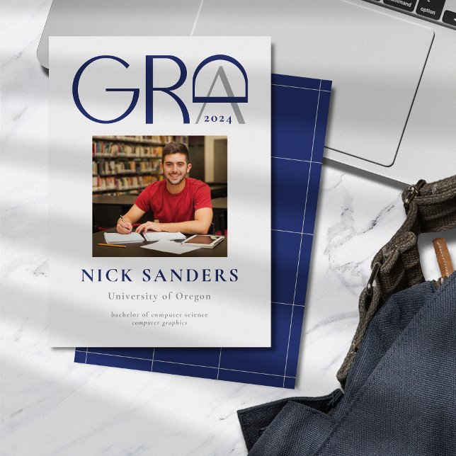 Modern Photo Graduation College Gray Blue Announcement (Creator Uploaded)