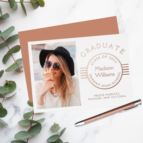 Modern Photo Graduation Graduate Rose Gold Foil Invitation