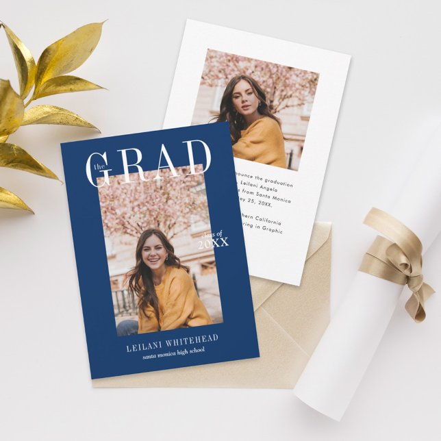 Modern Photo Graduation Navy Blue Invitation (Creator Uploaded)