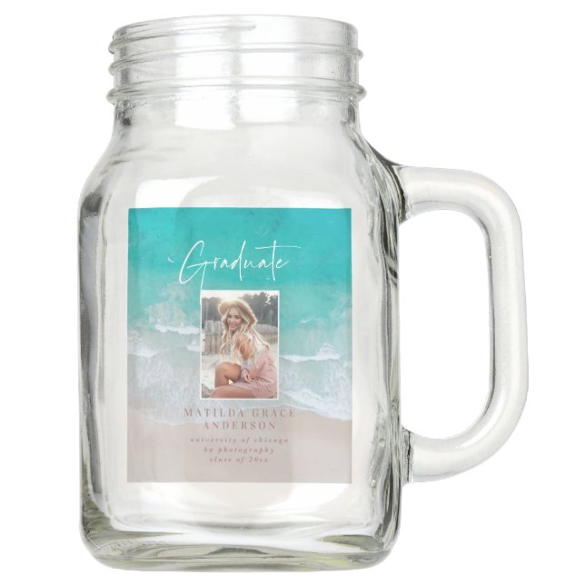 Modern photo graduation ocean beach script  mason jar (Front)