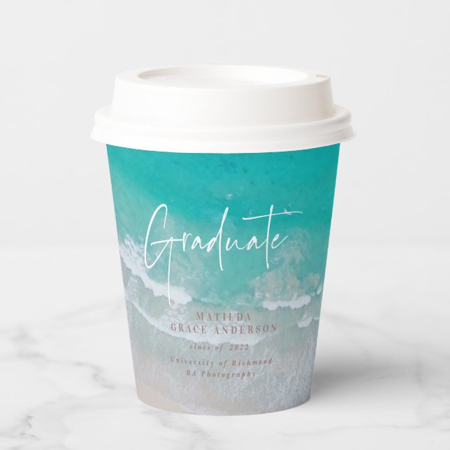 Modern photo graduation ocean beach script modern paper cups (Front)