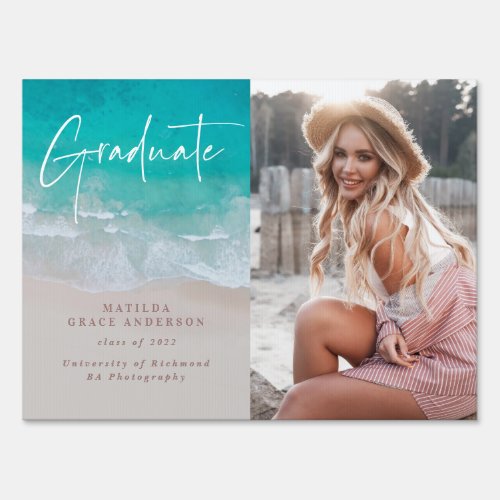 Modern photo graduation ocean beach script modern sign