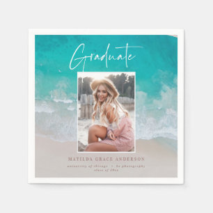Modern photo graduation ocean beach script napkins