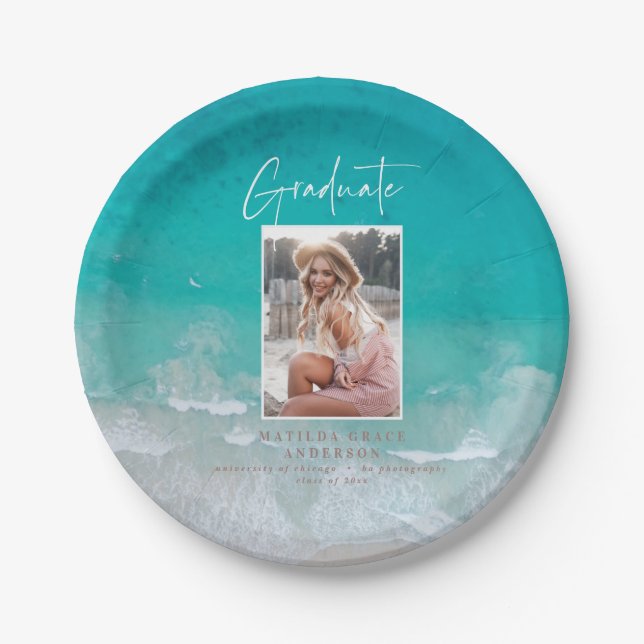 Modern photo graduation ocean beach script  paper plates (Front)