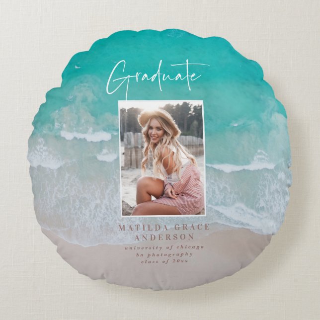 Modern photo graduation ocean beach script  round pillow (Front)