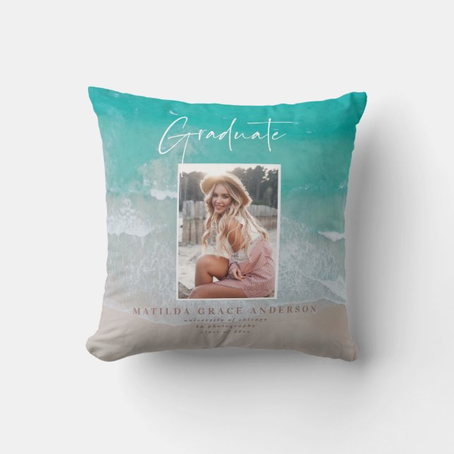 Modern photo graduation ocean beach script  throw pillow (Front)