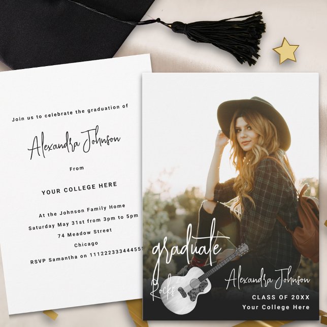 Modern Photo Graduation Party Invitation (Modern trendy vertical photo Graduation announcement party invitation rustic country music guitar)