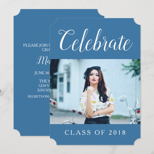 Modern Photo Graduation Party Invite | Blue (Front/Back)