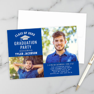 Modern Photo Graduation Party with Silver Cap Blue Invitation