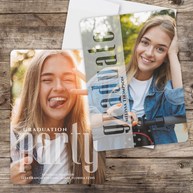 Modern Photo Graduation Stylish Typography Invite (Graduation photo invitation announcement with modern typography. and two photos)