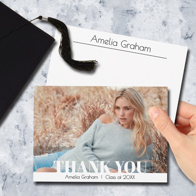 Modern Photo Graduation Thank You Card (Modern graduation flat thank you cards with your photo on the front and room for a message on back)